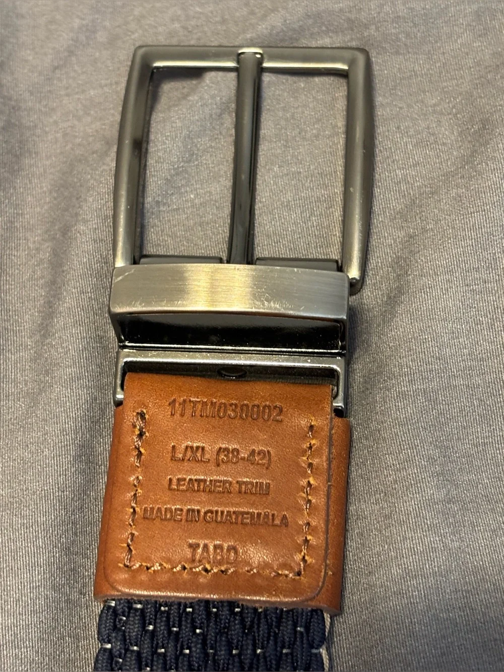 Tommy Bahama Men’s Reversible Woven Belt L/XL 38-42 Khaki Navy Leather Trim